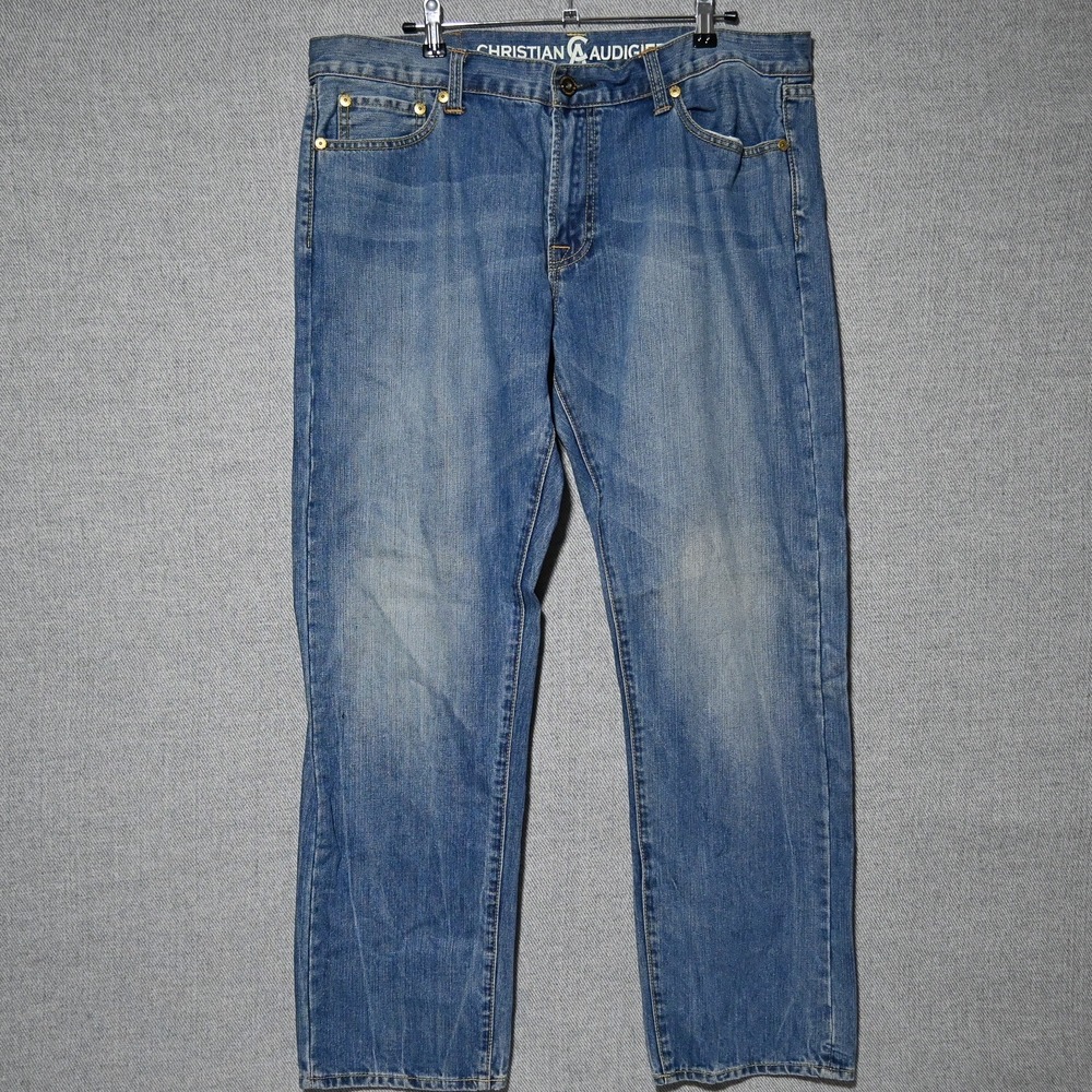 Christian Audigier Jeans Mens Straight Leg Y2K Eagle Patch 38x32 Blue